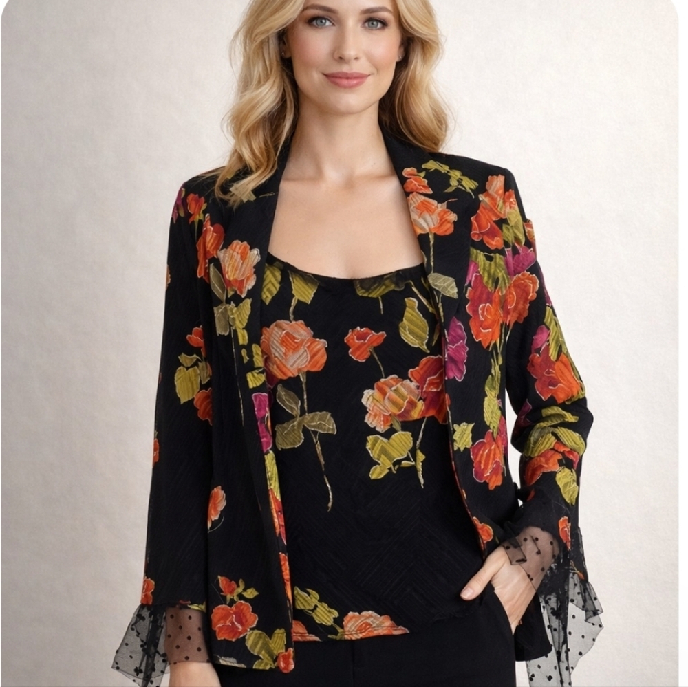 Joseph Ribkoff Two Piece Floral Cami Jacket Set Black Made In Canada Size   14